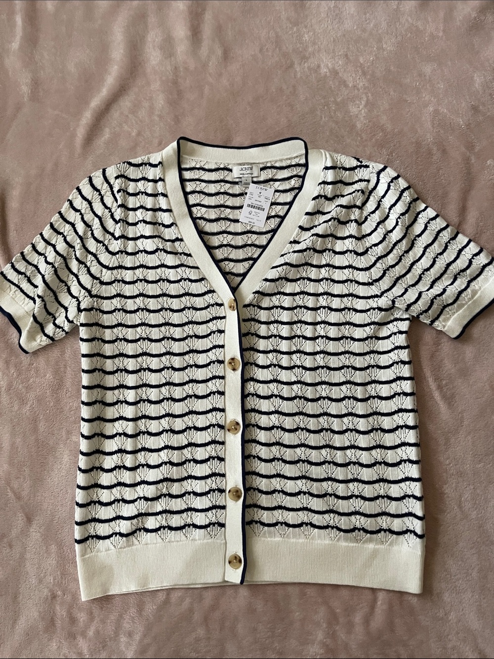 J. Crew Cream and Black Short-Sleeve Knit Cardigan Sweater